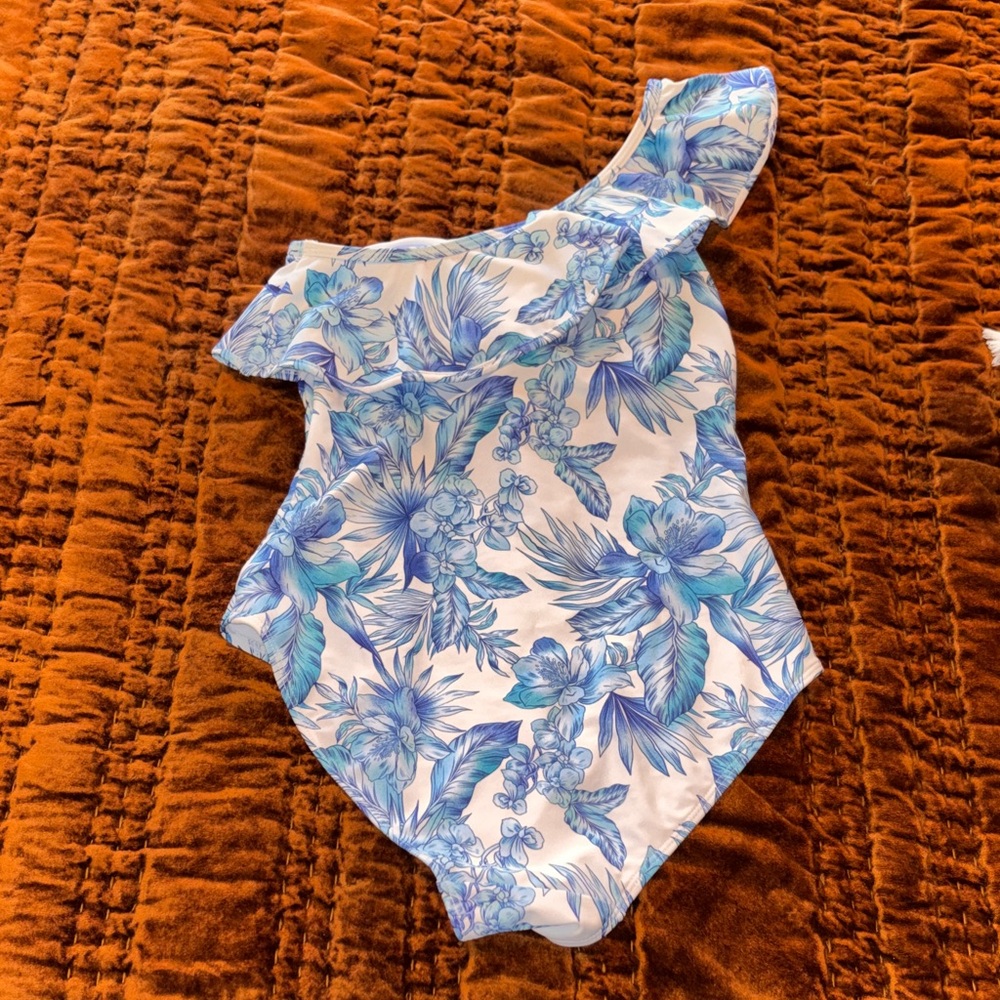 Caribbean Joe White One-Shoulder One-Piece Swimsuit with Blue Floral Print